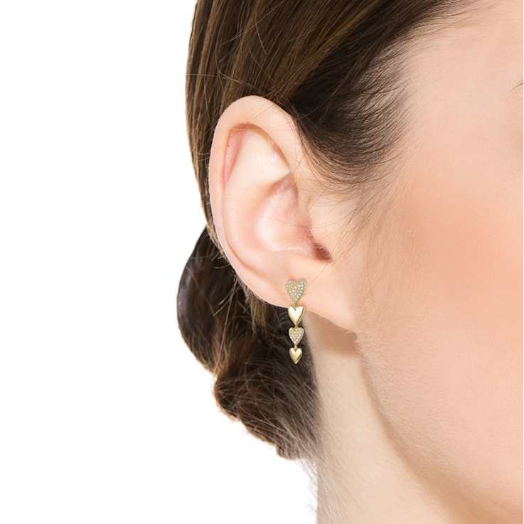 CZ Pave Double Heart Drop Earrings In 14K Gold Over Sterling Silver