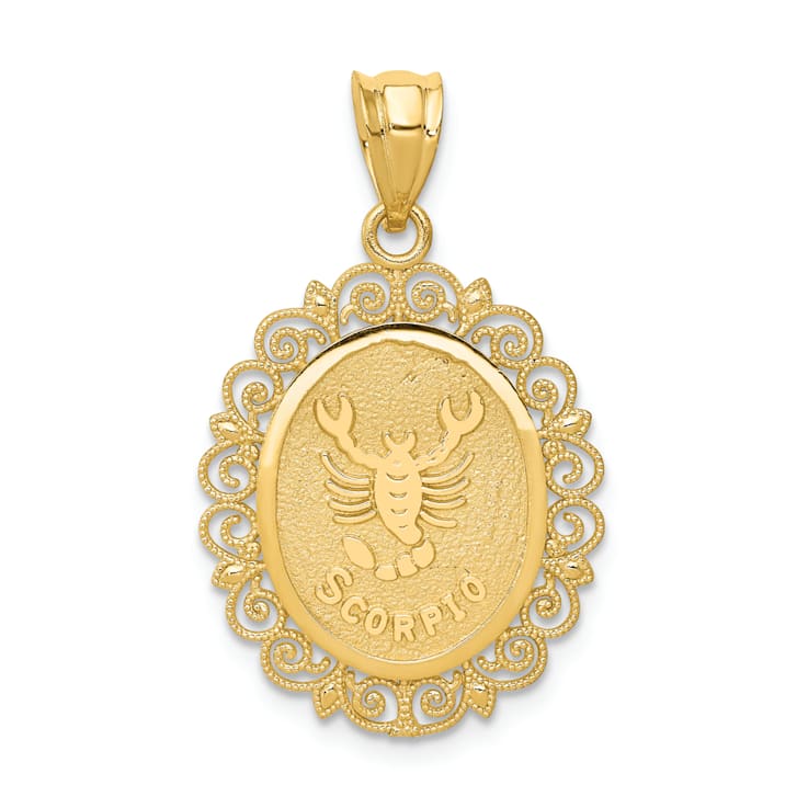 14k Yellow Gold Solid Satin, Polished and Textured Scorpio Zodiac Oval Pendant