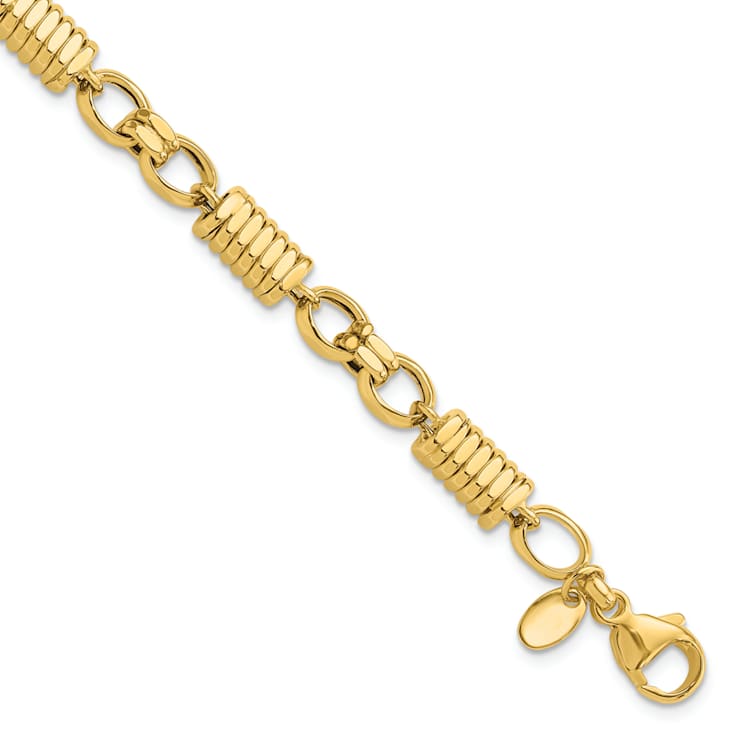 14K Yellow Gold Polished and Grooved Fancy Link Men's Bracelet