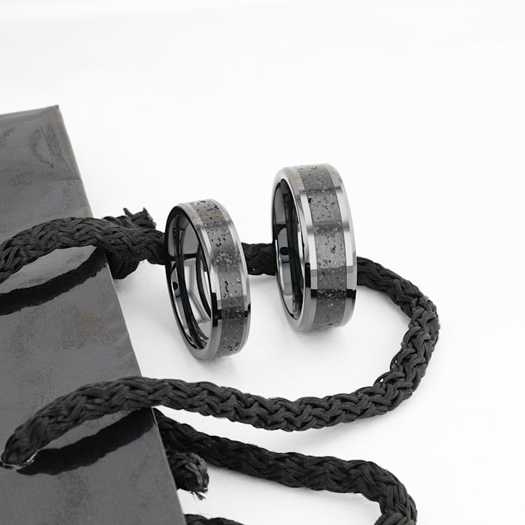 VESUVIUS Men’s Polished Black Ceramic Band with Lava Rock Stone Inlay
& Polished Beveled Edges 8mm