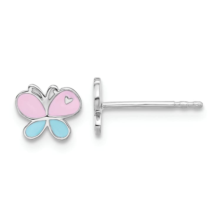 Rhodium Over Sterling Silver Blue/Pink Enamel Butterfly Children's Post Earrings