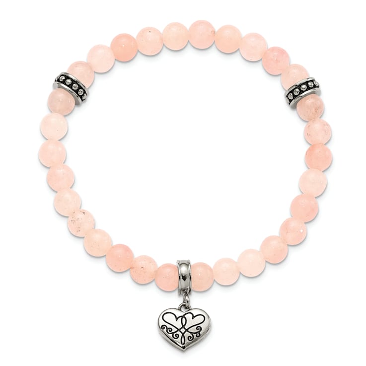 Stainless Steel Antiqued and Polished Pink Jade LOVE YOU Stretch Bracelet