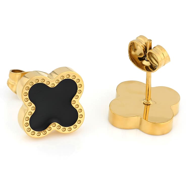 Black Enamel Clover Gold-Tone Stud Earrings
