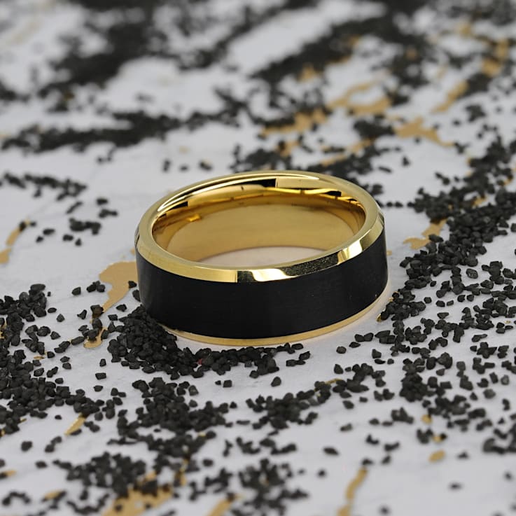GASTON Gold Plated Tungsten Polished Beveled Ring with Brushed Black
Center 6mm