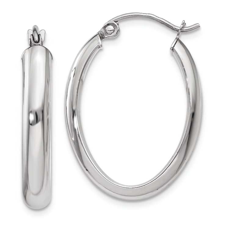 Rhodium Over 14k White Gold Polished 1" Oval Tube Hoop Earrings