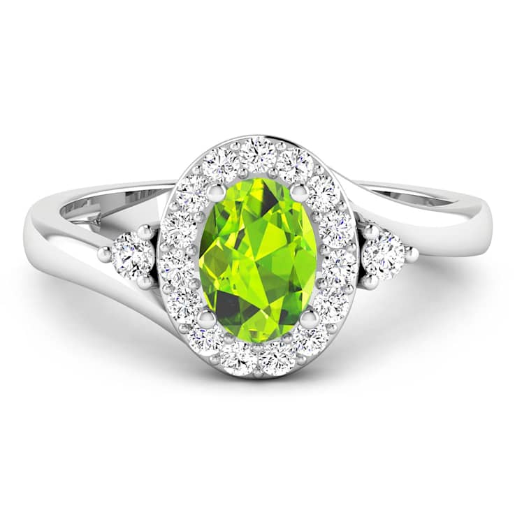 Oval Green Peridot and Diamond 14K White Gold Halo Ring 0.9 ctw