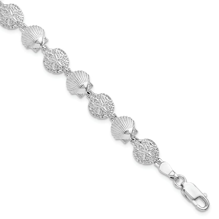 Rhodium Over Sterling Silver Polished Sand Dollar and Shell Bracelet
