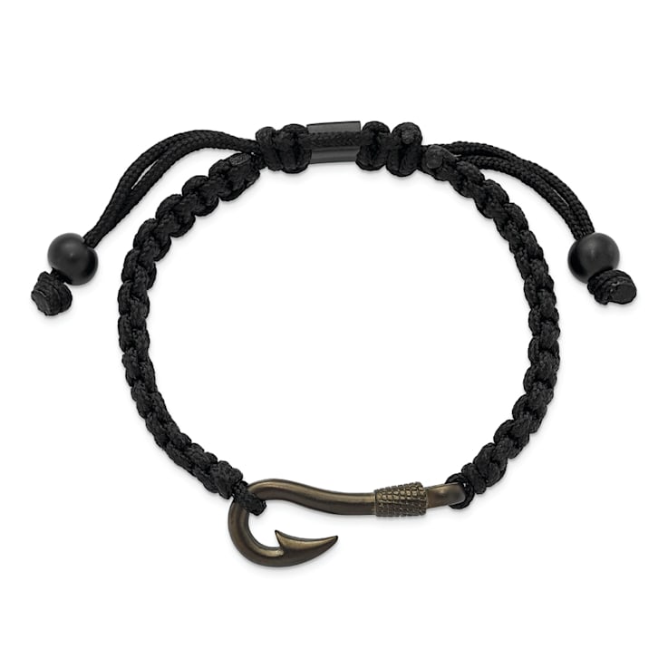 Stainless Steel Brushed Gun Metal IP-plated Fishing Hook Black Nylon
Adjustable Bracelet