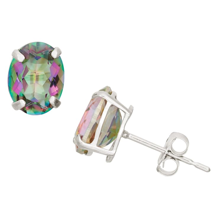 Oval Lab Created Mystic Fire Green Topaz 10K White Gold Earrings 2.70ctw