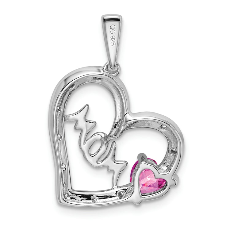 Rhodium Over 14k White Gold Pink Sapphire and Diamond Mom Heart Pendant