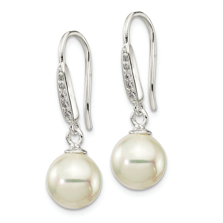 Rhodium Over Sterling Silver 7-8mm Shell Pearl and CZ Dangle Earrings
