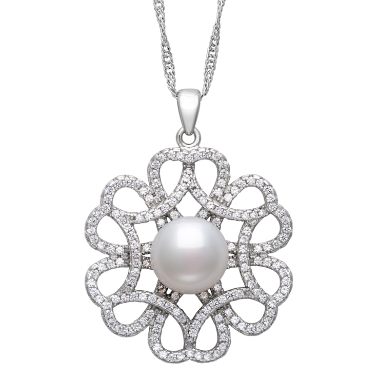 Sterling Silver Freshwater Pearl and Cubic Zirconia Pendant