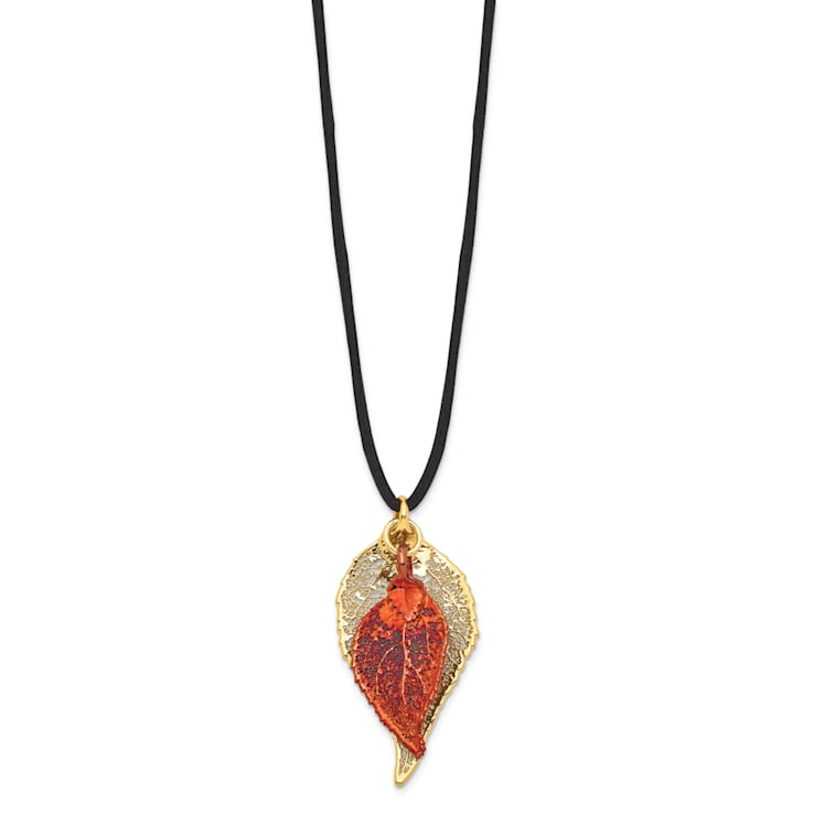 24k Yellow Gold and Iridescent Copper Dipped Double Evergreen Leaf Necklace