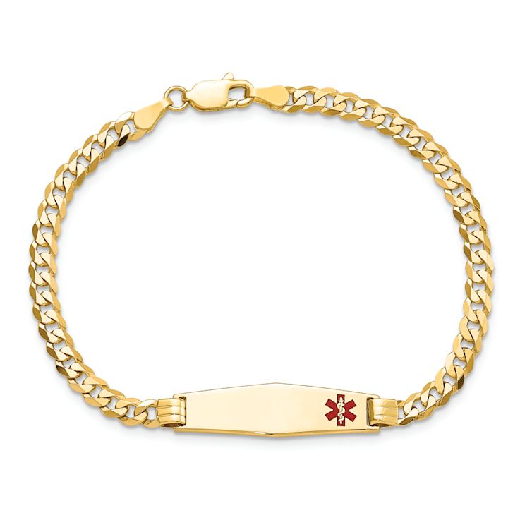 10k Yellow Gold Medical Soft Diamond Shape Red Enamel Curb Link ID Bracelet