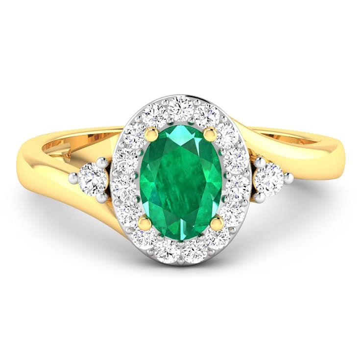 0.83ctw Green Emerald and Diamond 14K Yellow Gold Halo Ring