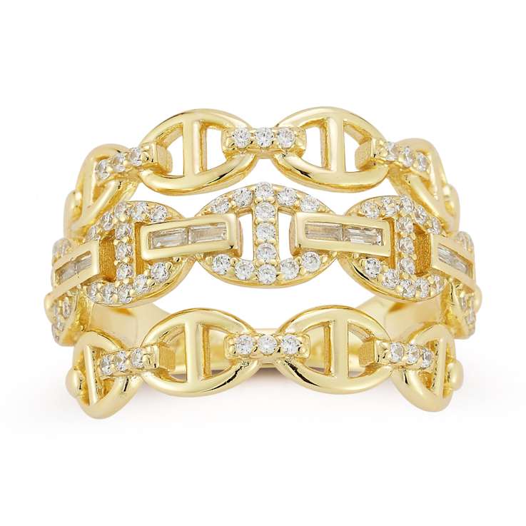 Rachel Zoe CZ Triple Mariner Row Ring in 14K Gold Over Sterling Silver