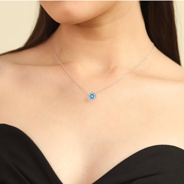 Swiss Blue Topaz Birthstone Necklace with Moissanite Accents Sterling
Silver  Pendant with Chain