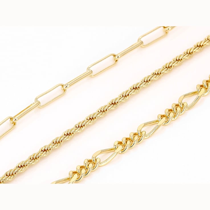 Rope, Paperclip And Figaro Link Bracelet Set In 18K Gold Over Bronze