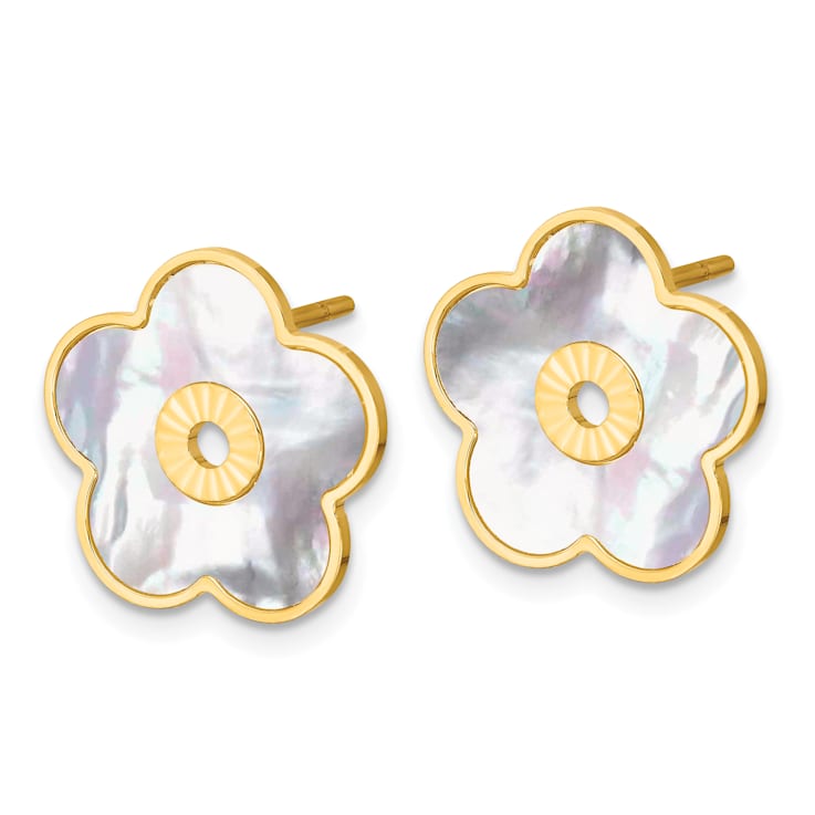 14K Yellow Gold Mother of Pearl Flower Post Earrings