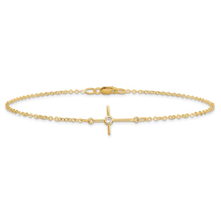 14K Yellow Gold Polished CZ Cross Anklet