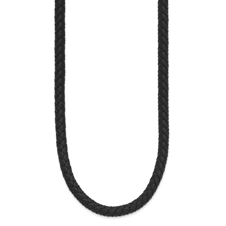 Stainless Steel Polished 6mm Woven Black Leather 19.5 Inch Necklace