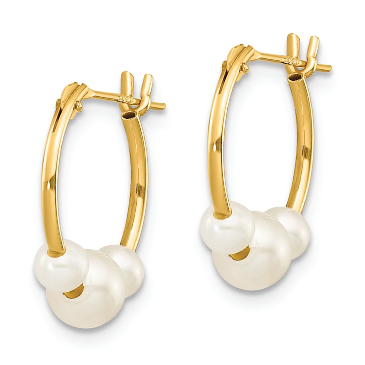 14K Yellow Gold White Semi-round Freshwater Cultured 3 Pearl Hoop Earrings