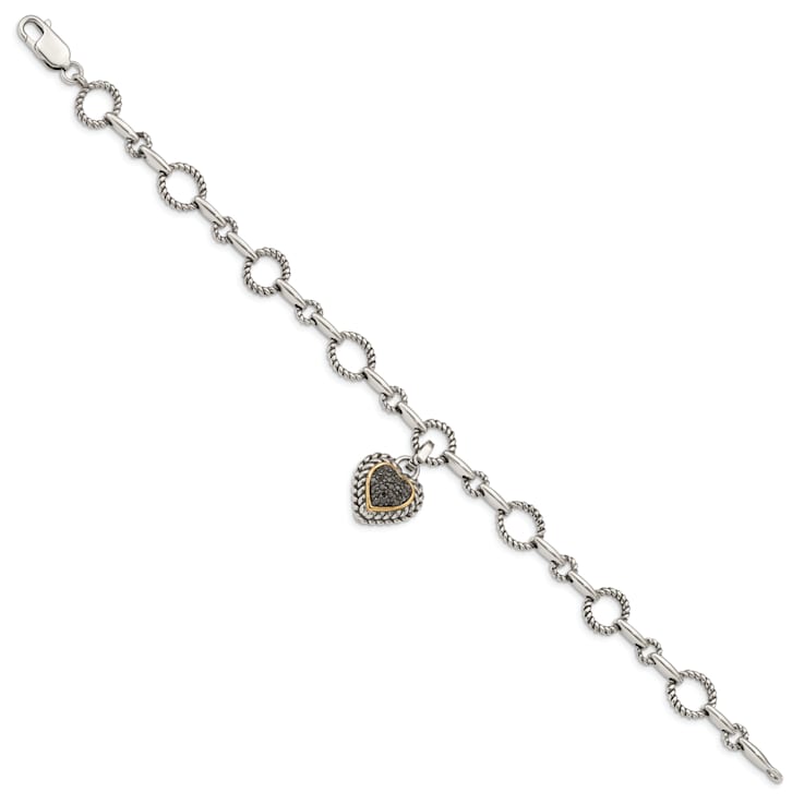 Sterling Silver with 14K Gold Over Sterling Silver Oxidized Black
Diamond Heart Link Bracelet