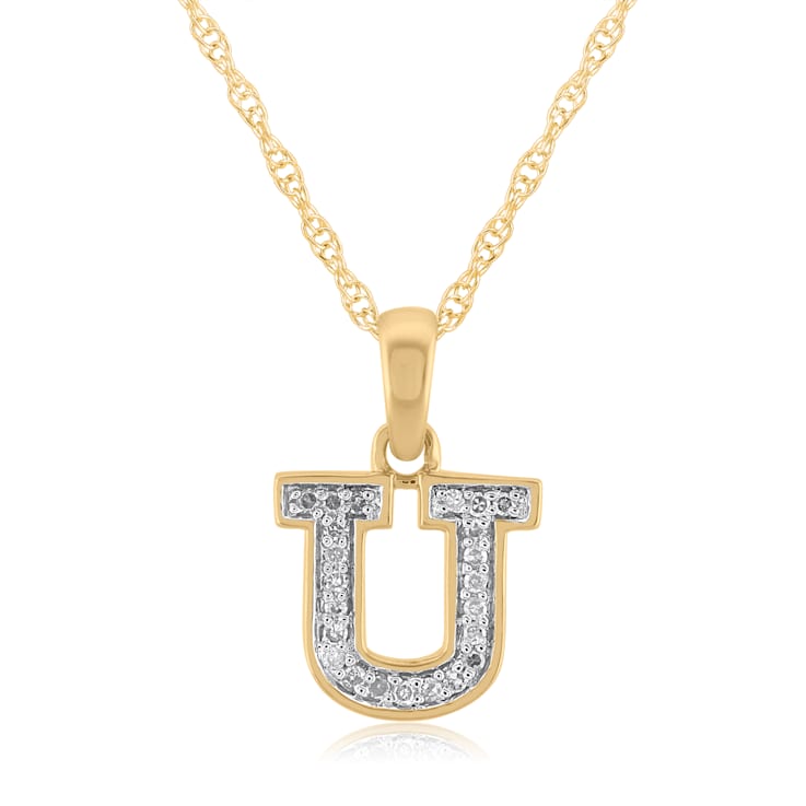 White Diamond Accent 10k Yellow Gold U Initial Pendant With 18” Rope Chain
