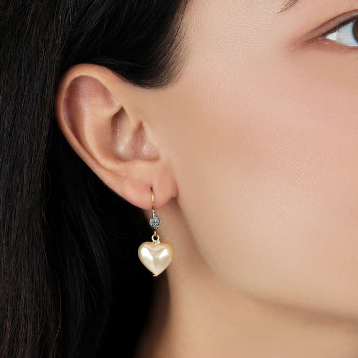 Gold Tone Heart Shaped Faux Pearl Clear Crystal Wire Earrings