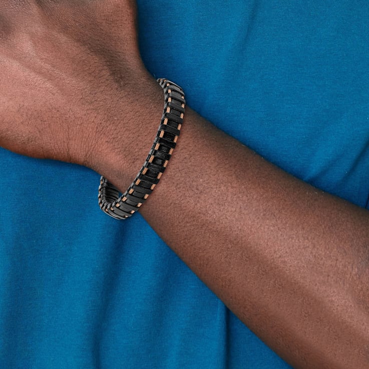 Black Leather and Stainless Steel Polished Rose IP-plated Cable Bracelet