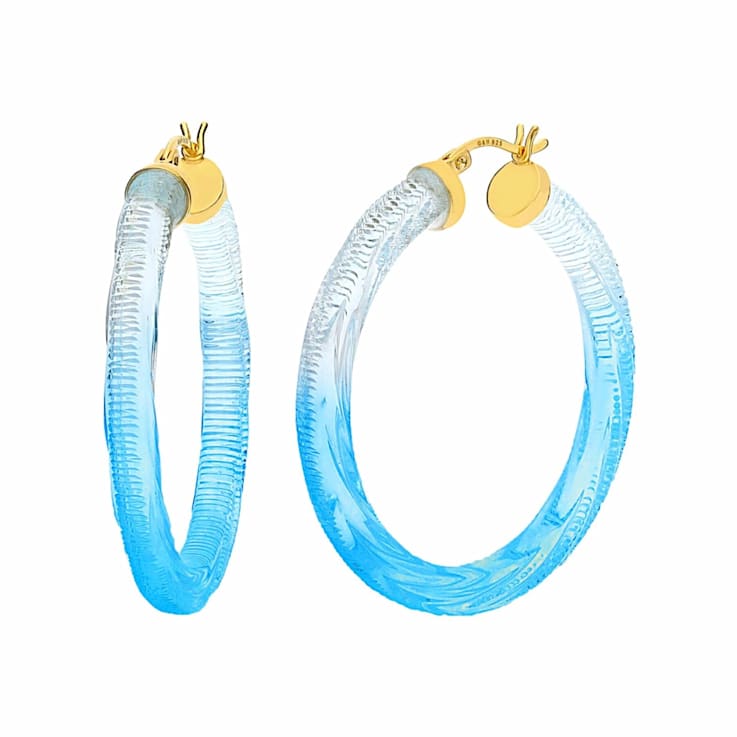 14K Yellow Gold Over Sterling Silver Painted Hoops in Ombre Blue