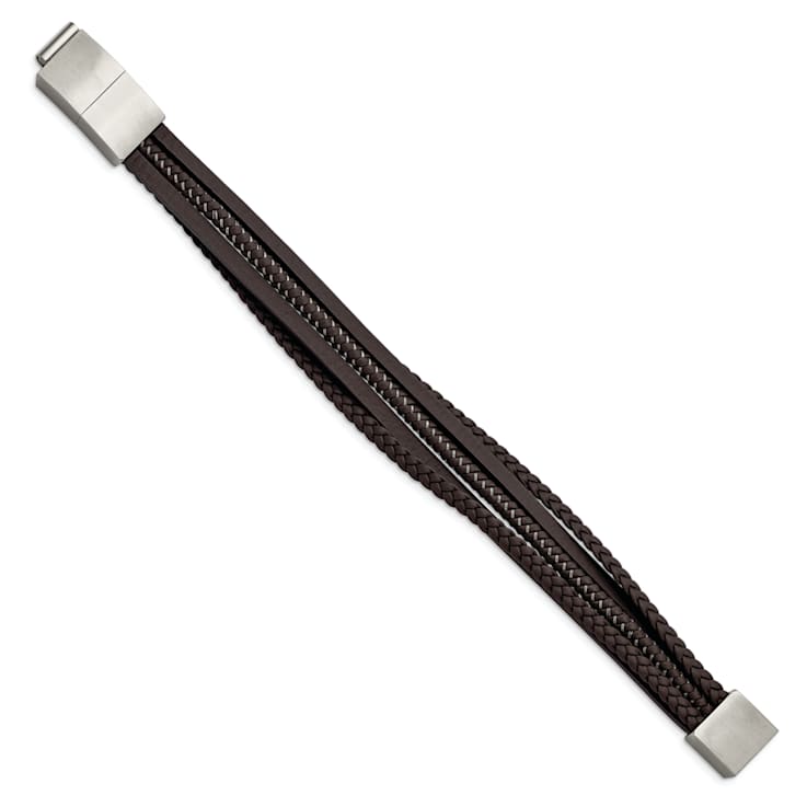 Brown Braided Leather and Stainless Steel Brushed Wire with 0.5-inch
Extension Bracelet