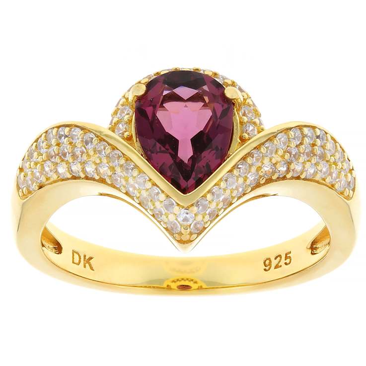 Grape Color Garnet Pear And White Zircon Ring In 18K Gold Over Sterling
Silver 1.86ctw