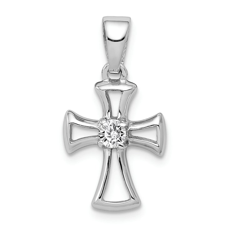 Rhodium Over Sterling Silver Cubic Zirconia Open Cross Pendant