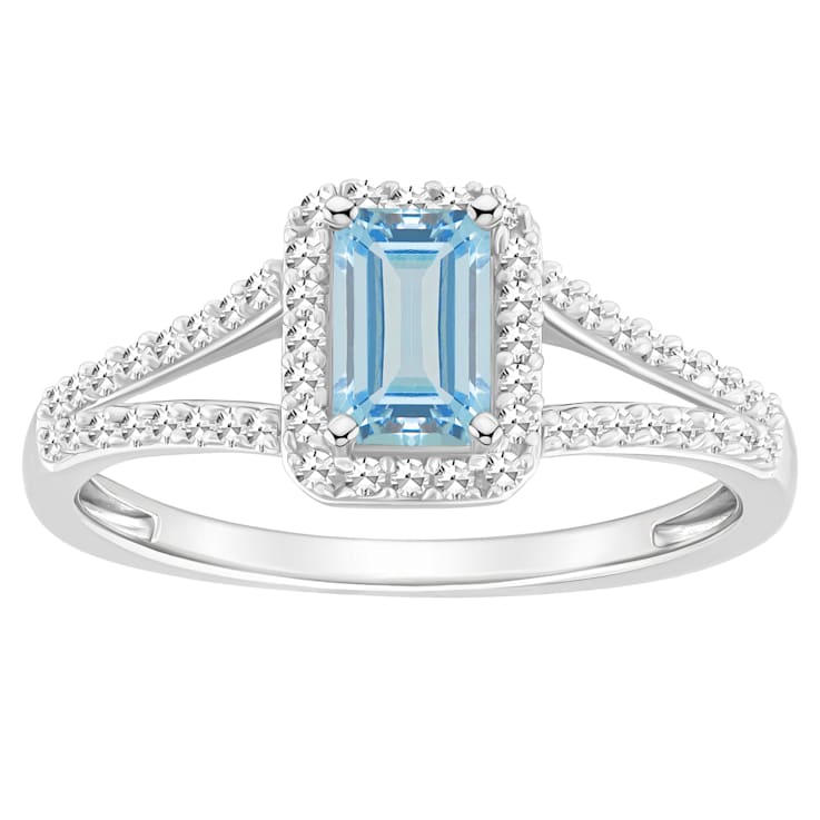 6x4mm Emerald Cut Aquamarine 1/4 ctw Diamond Rhodium Over Sterling
Silver Halo Ring