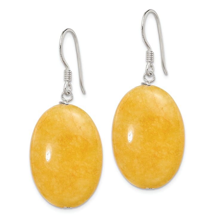 Sterling Silver Polished Yellow Jadeite Oval Dangle Earrings