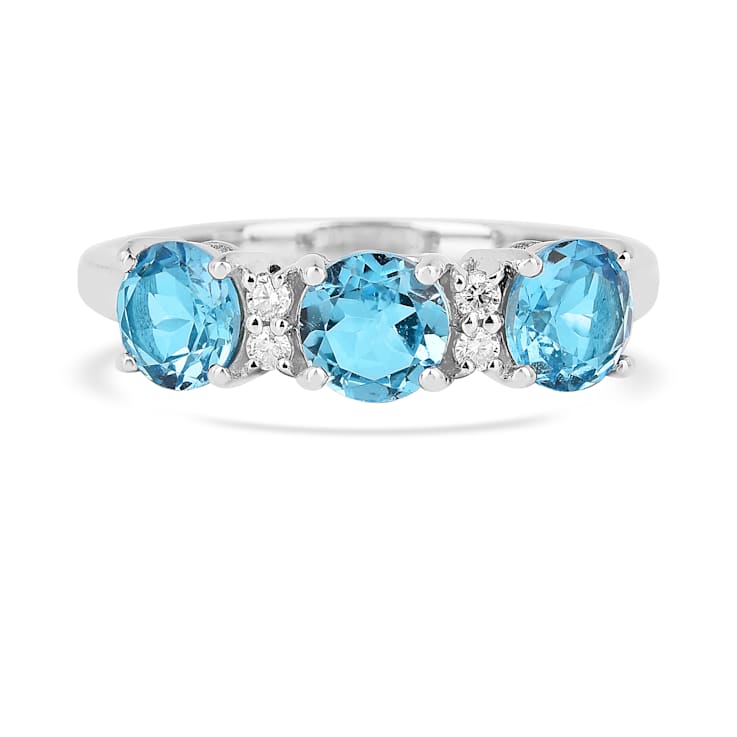 Blue Topaz Rhodium Over Sterling Silver Round Moissanite 3-Stone Ring