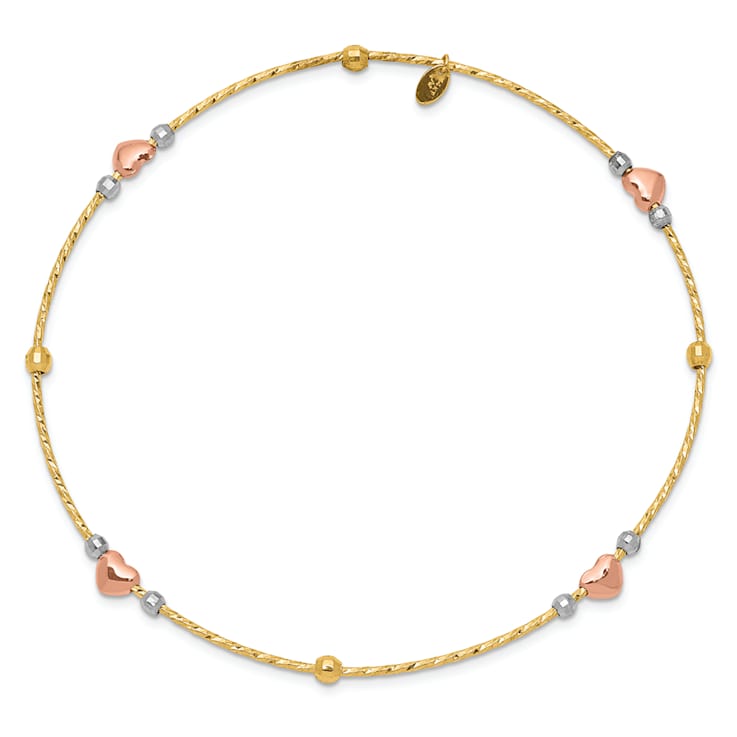 14K Tri-color Heart Diamond-cut Slip-on Bangle