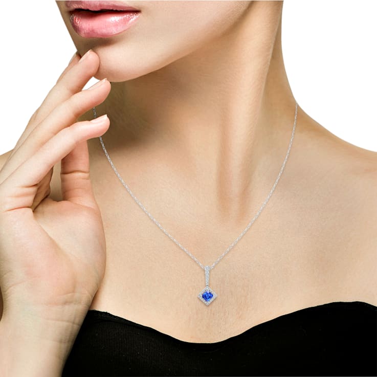 14K White Gold Princess Cut Tanzanite and Diamond Pendant 1.20ctw