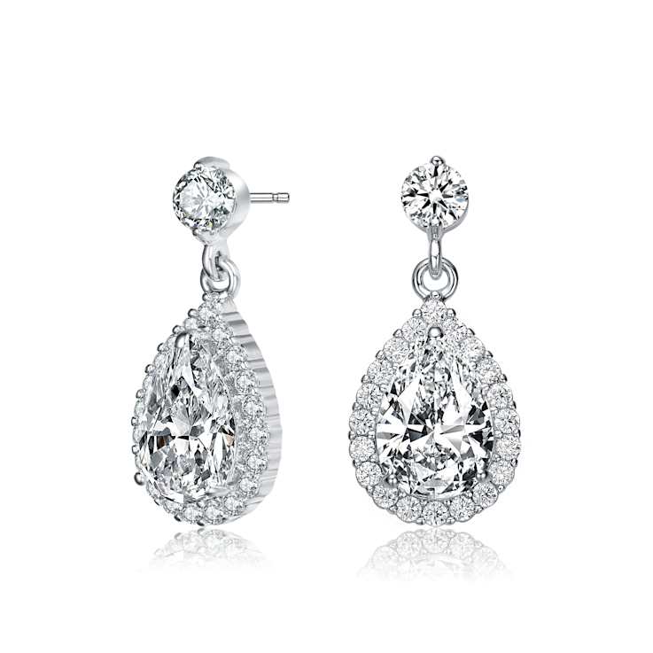 Pear Shape CZ Halo Drop Earrings In Sterling Silver