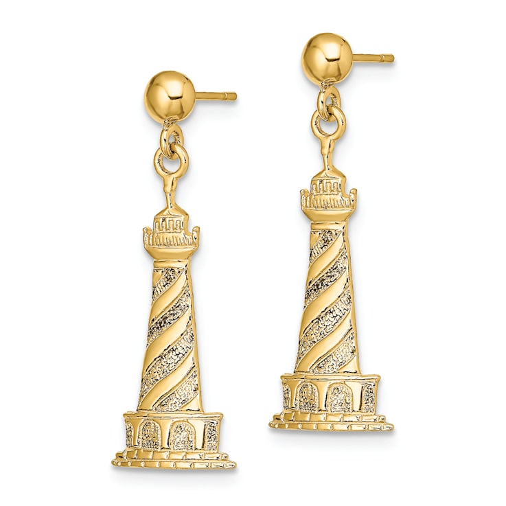 14K Yellow Gold Textured Cape Hatteras Lighthouse Dangle Earrings