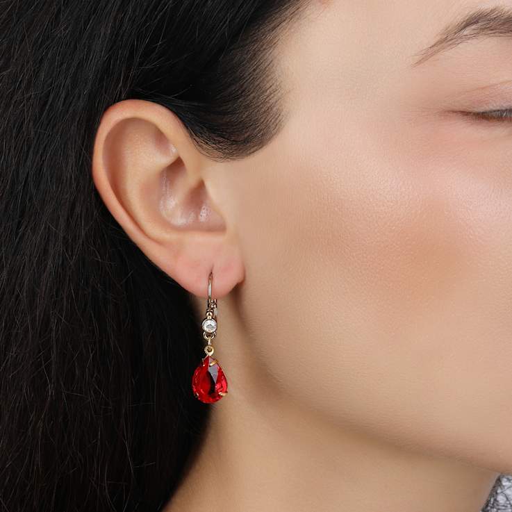 14k Gold Dipped Red Teardrop Crystal Leverback Earrings