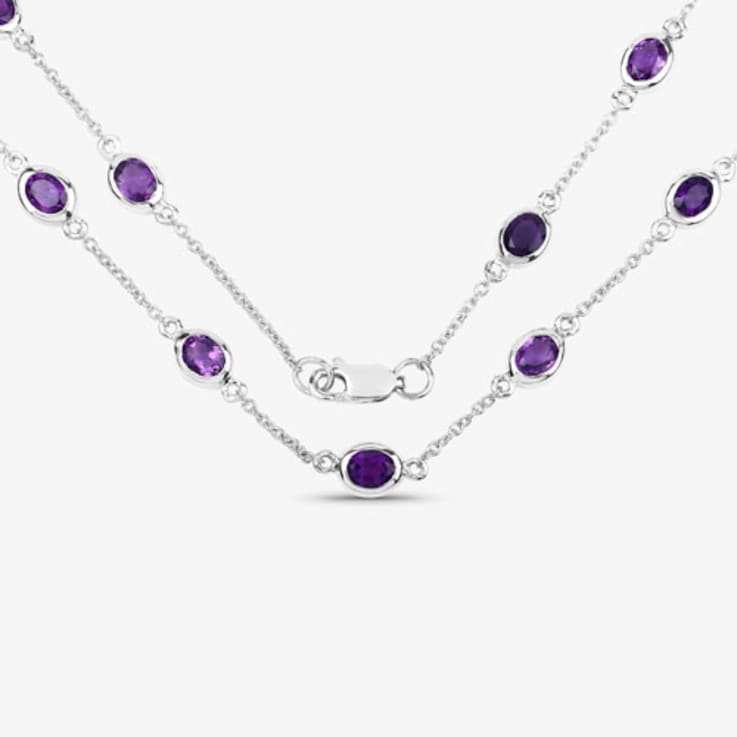 Oval Purple Amethyst By the Yard Rhodium Over Sterling Silver Station
Necklace 6.12ctw