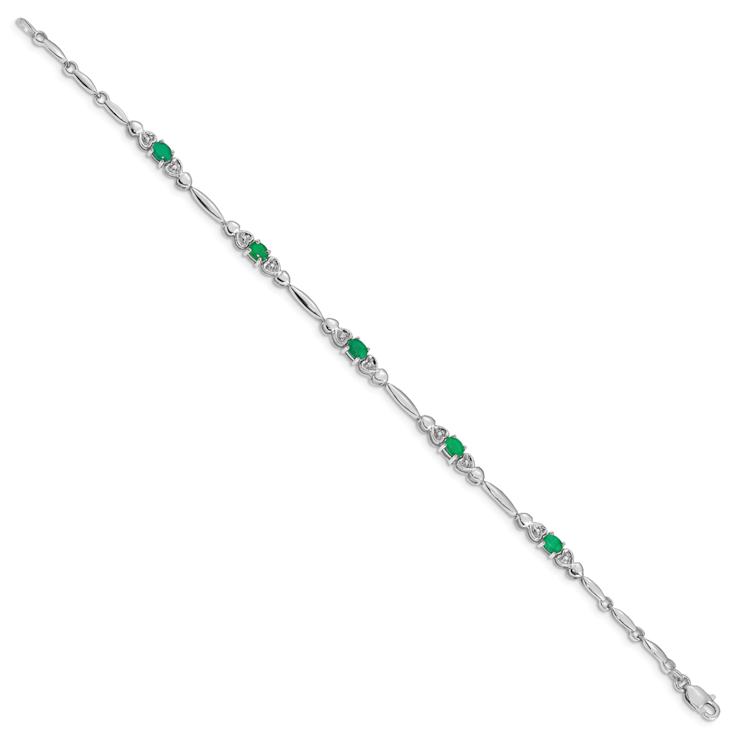 Rhodium Over 10k White Gold Diamond and Emerald Bracelet