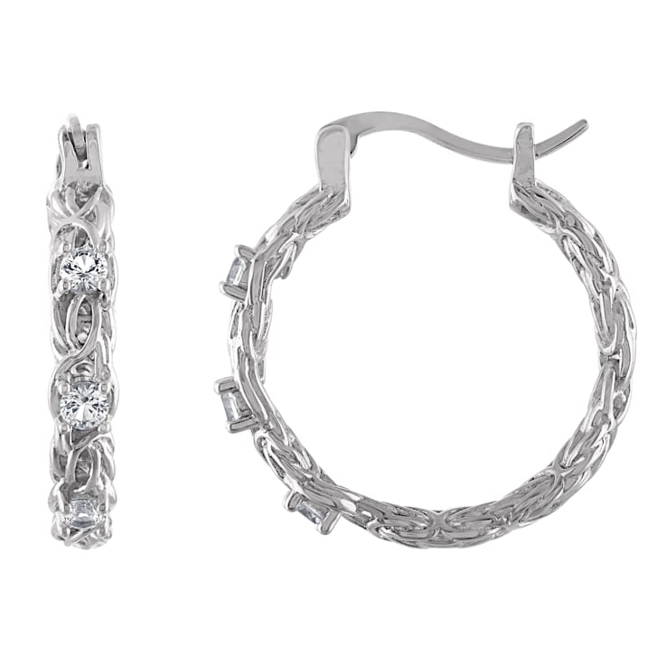 Sterling Silver Lab Created White Sapphire Byzantine Hoop Earrings .4ctw