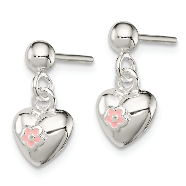 Sterling Silver Pink Enamel Flower Heart Children's Post Dangle Earrings