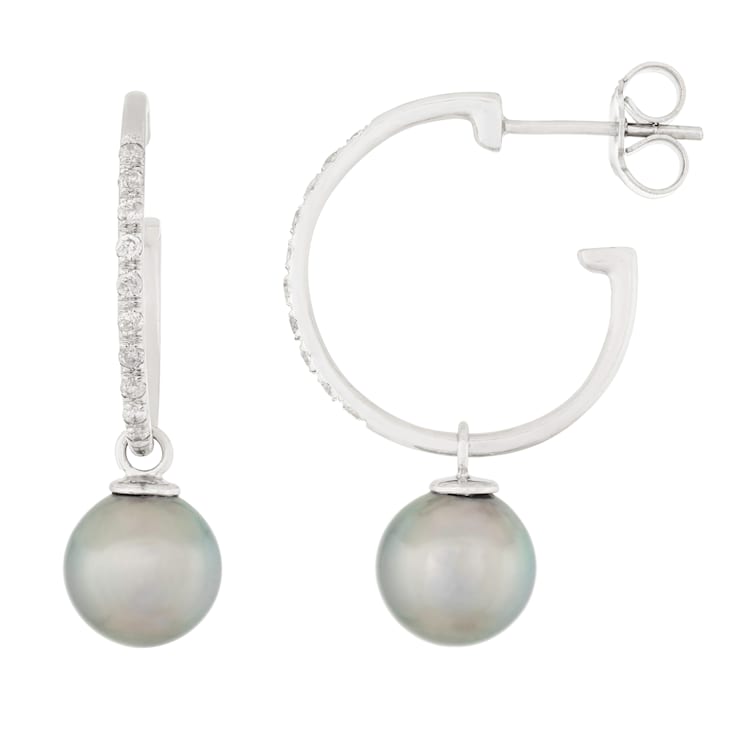 Black Cultured Tahitian Pearl 14k White Gold Earrings 9-9.5mm
