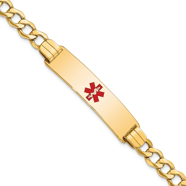 14k Yellow Gold Medical Red Enamel Curb Link ID Bracelet