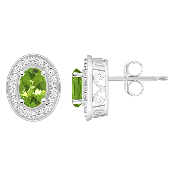 6x4mm Oval Peridot 1/5 ctw Diamond Rhodium Over Sterling Silver Halo
Stud Earrings