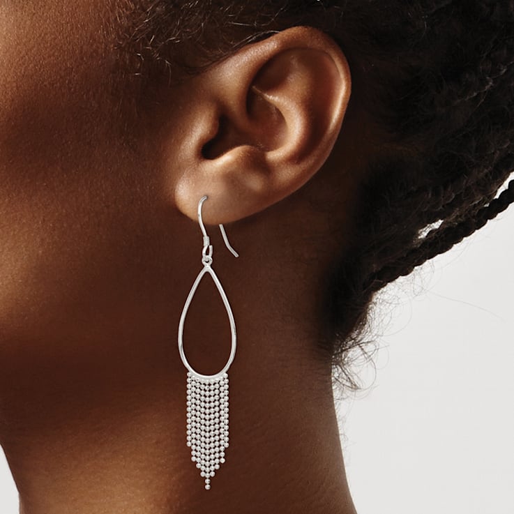 Sterling Silver Polished Teardrop and Beaded Chain Dangle Earrings